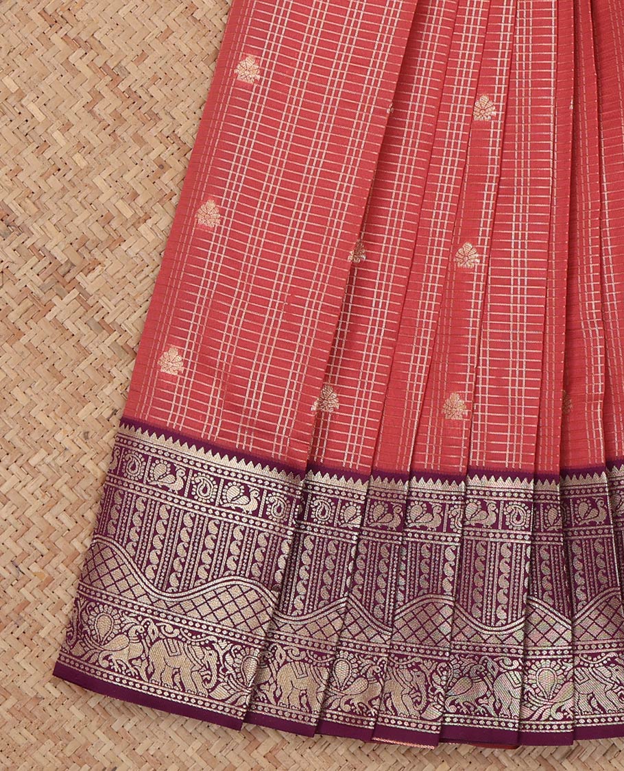 Terracotta Red Litchi Saree, Detailed with Zari Buttas, a Contrast Traditional Zari Border, a Grand Pallu, and a Contrast Blouse