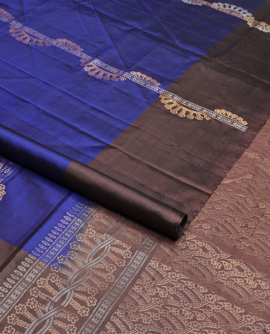 Ink blue zari design soft silk saree, contrast zari design border & pallu of intricate designs