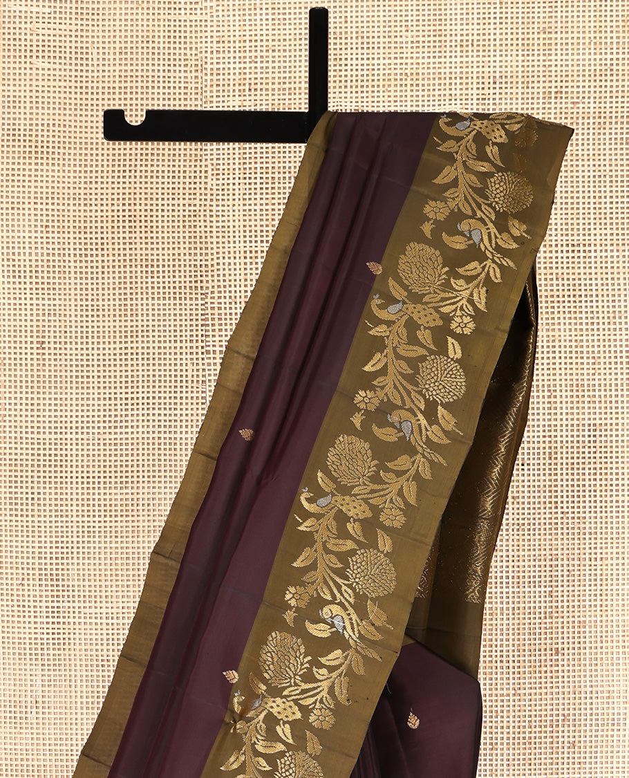 Brown Mayuri Lite Silk Mix Saree, Adorned with Zari Buttas All Over Its Body, Complemented by a Contrast Floral and Peacock Design Border, Pallu of Jaal Designs, and Paired with a Contrast Blouse
