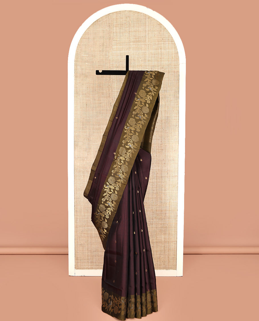 Brown Mayuri Lite Silk Mix Saree, Adorned with Zari Buttas All Over Its Body, Complemented by a Contrast Floral and Peacock Design Border, Pallu of Jaal Designs, and Paired with a Contrast Blouse
