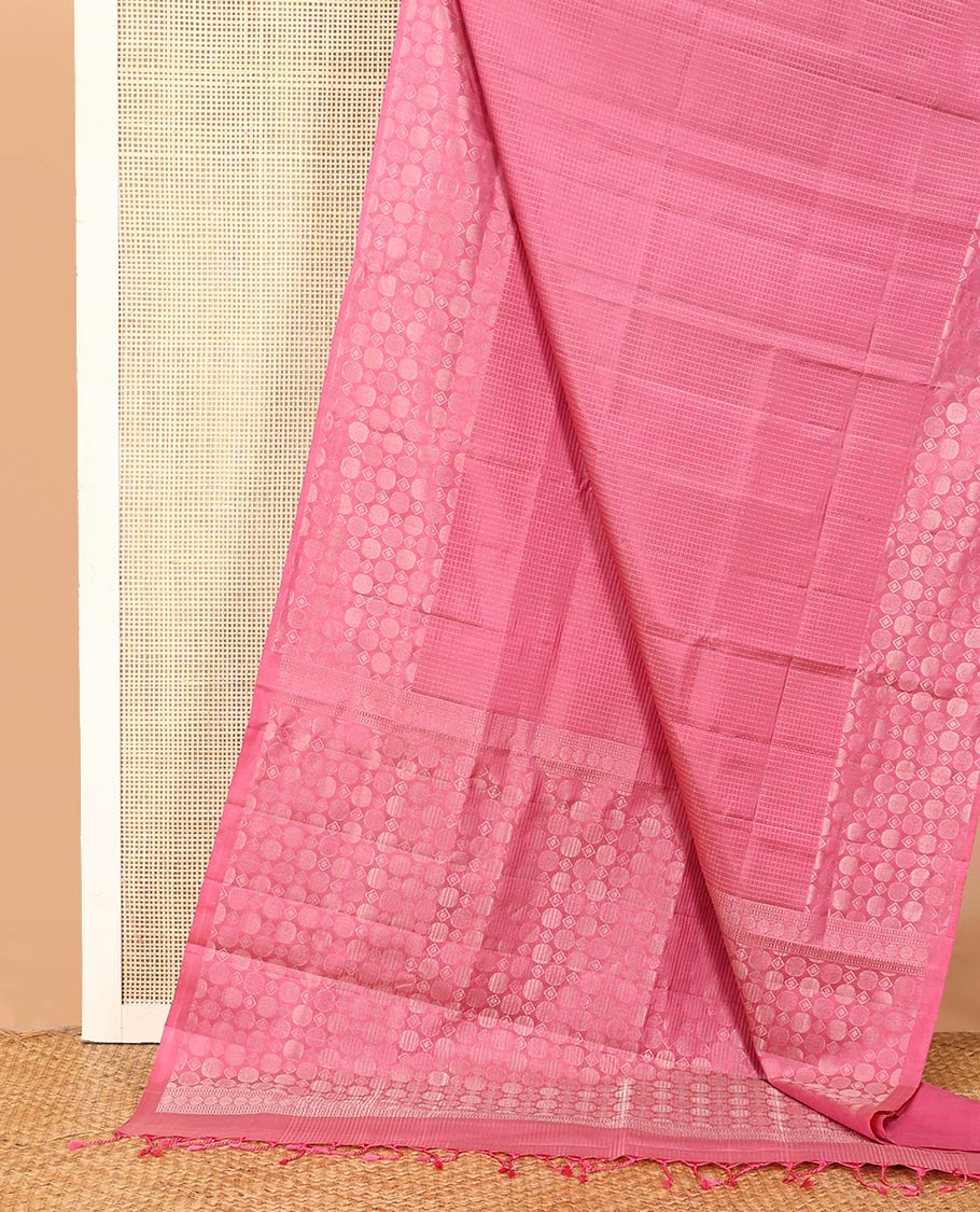 Pink muthu striped soft silk saree, self-border, and pallu steeped with geometric patterns