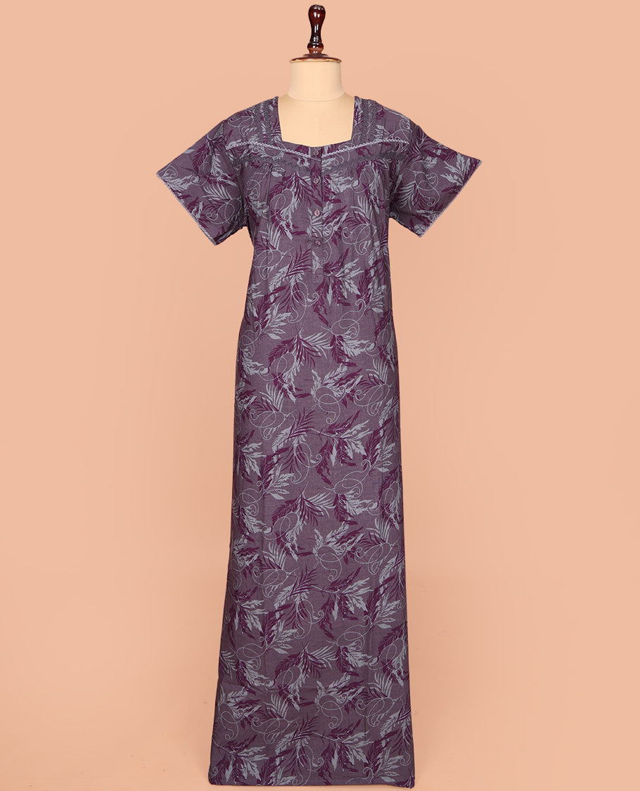 Grey Cotton Nighty Adorned with Floral Patterns Print, Featuring Lace Work, Square Front Neck, and Half Sleeves