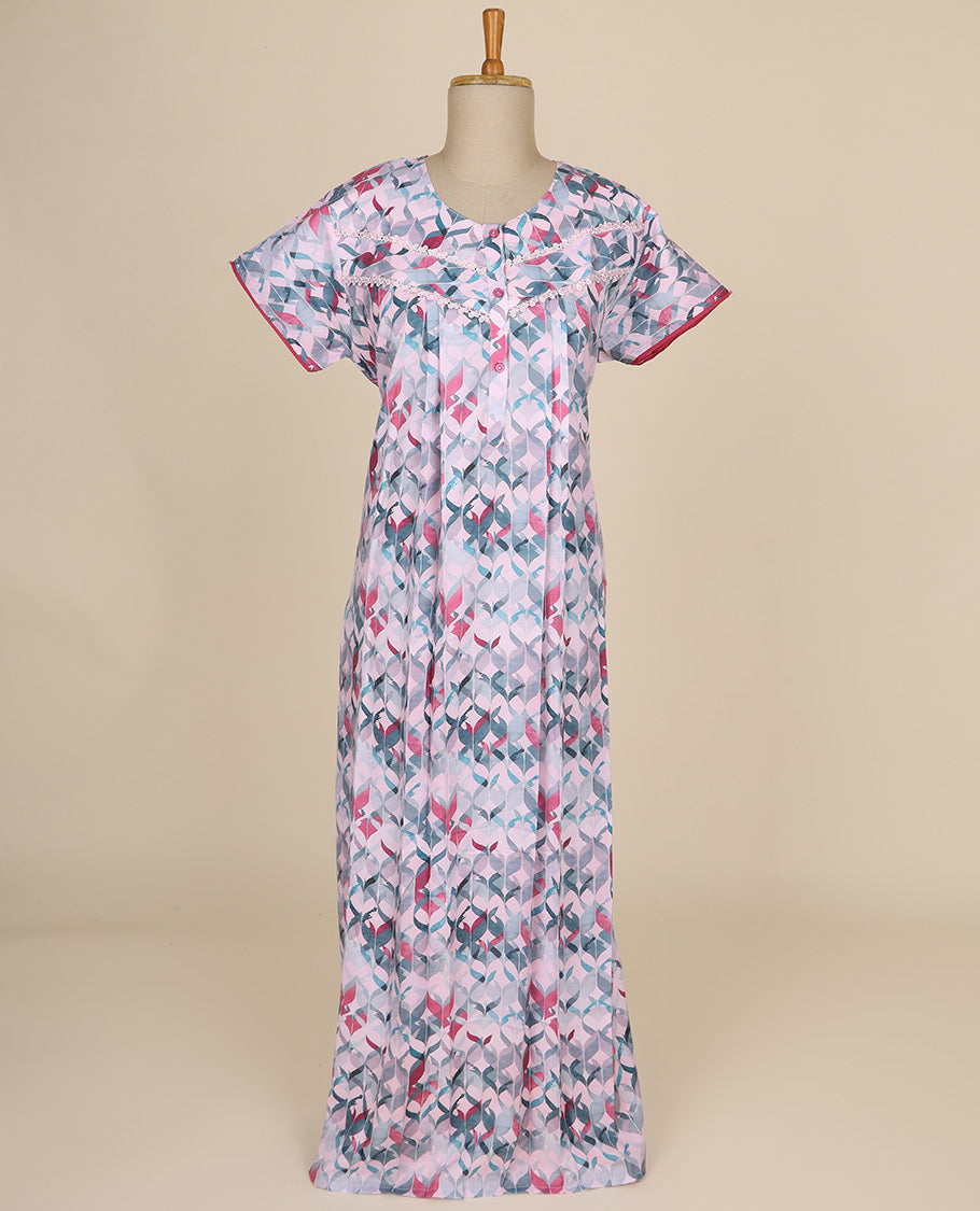 Baby pink geometric design printed & round neck, with lace cotton half sleeve nighty