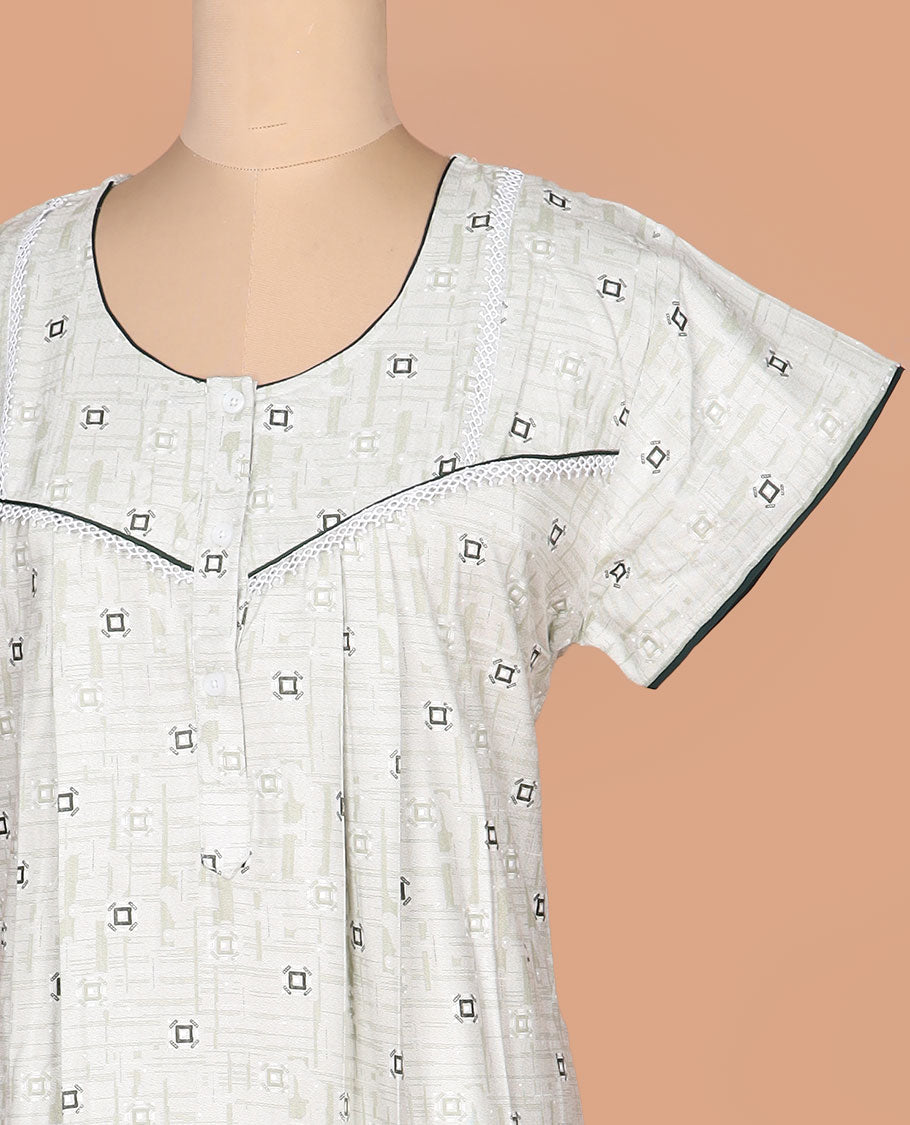 Beige geometric printed with round neck lace work, half-sleeve nighty
