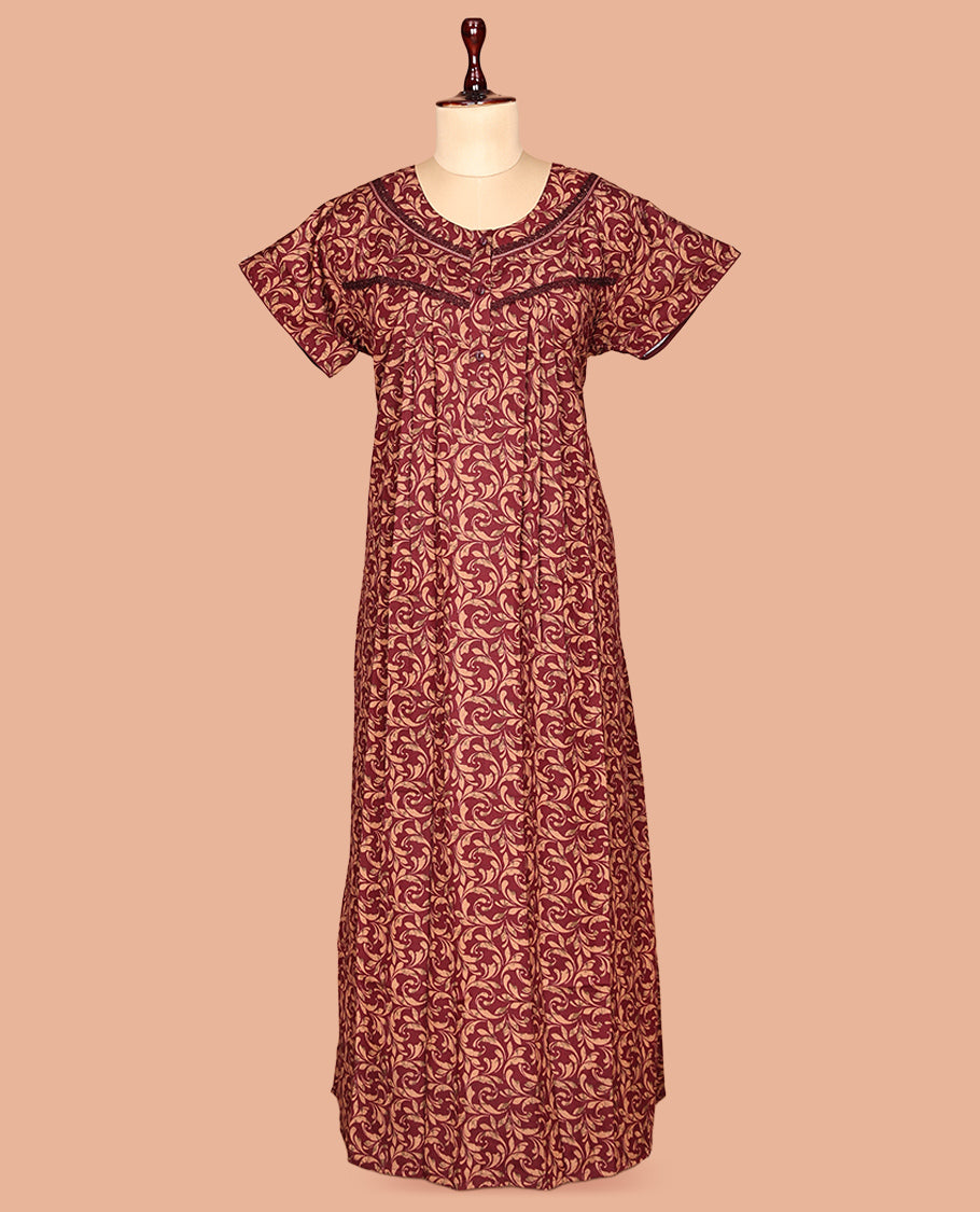 Maroon Round Neck Cotton-Blended Nighty
