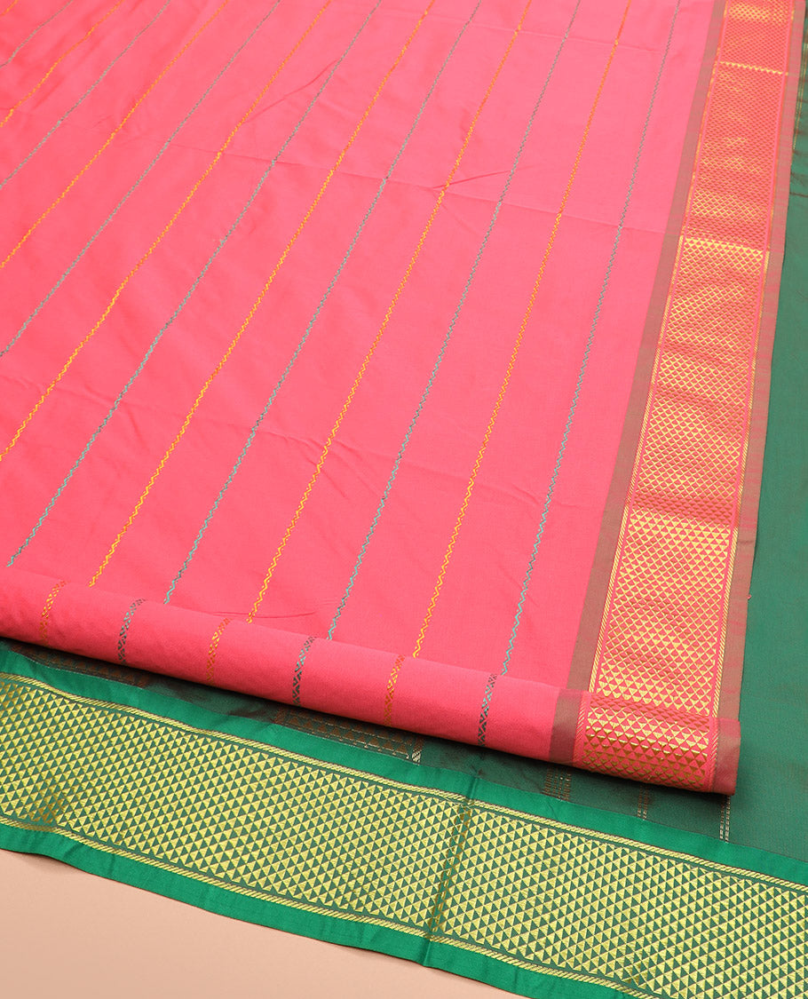 Pink Ten-Yard Art Silk Saree Detailed with Neli Stripes, Complemented by a Contrast Traditional Ara Maadam Border, and Pallu Adorned with Zari Designs
