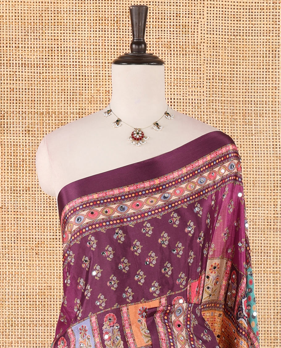 Multi-colour geometric printed, mirror work masakali saree with printed, mirror work border & printed pallu along with plain blouse