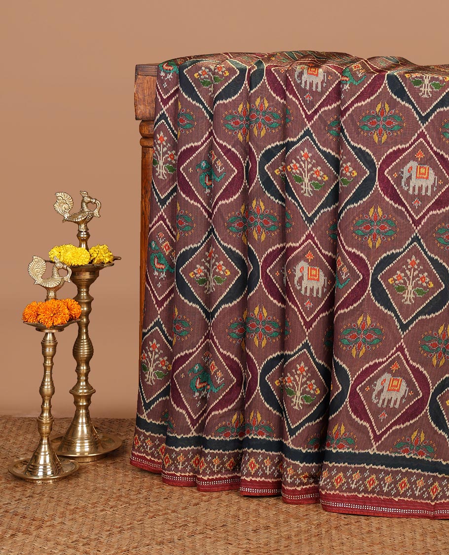 Black pochampally digital printed fendy crepe saree with swarovski stone, lace border & self pallu along with plain blouse