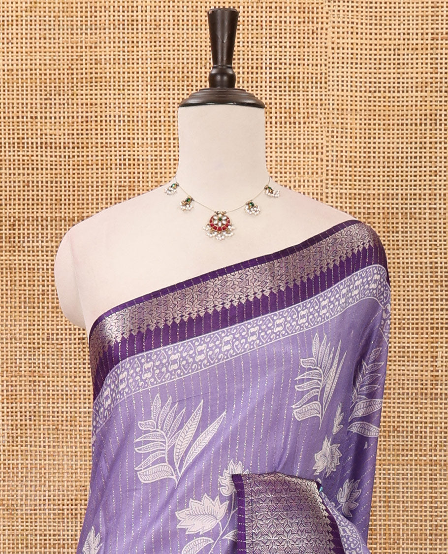 Lavender zari striped & floral printed dola silk saree,contrast zari design border,floral-paisley print pallu, printed-zari-work blouse