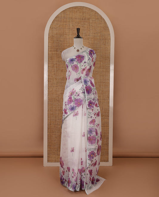 White-base poppy-style violet-color floral motifs printed linen saree, piping zari border, pallu steeped with floral print & floral matching blouse