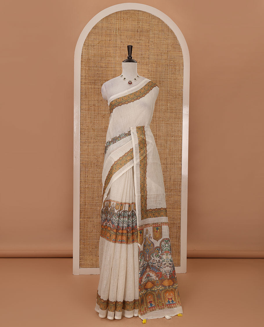 White half-plain & half-printed body linen cotton saree, Mughal-style printed border, Mughal-style printed pallu & scallop printed blouse