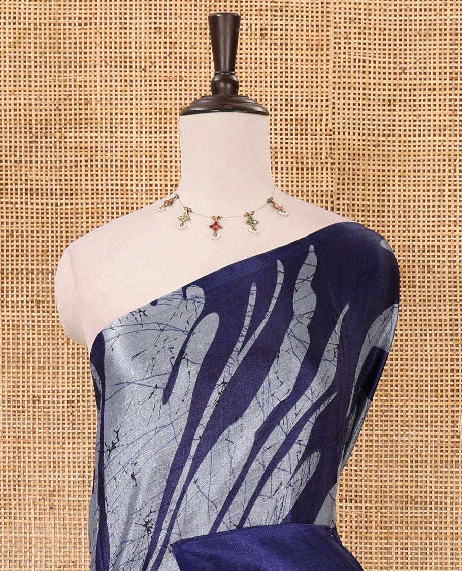Borderless Navy blue batik-style abstract vines printed khadi cotton saree, matching plain blouse