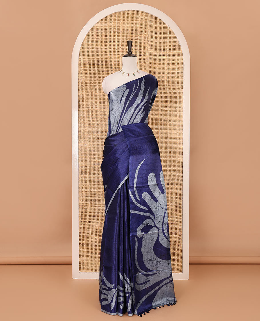 Borderless Navy blue batik-style abstract vines printed khadi cotton saree, matching plain blouse