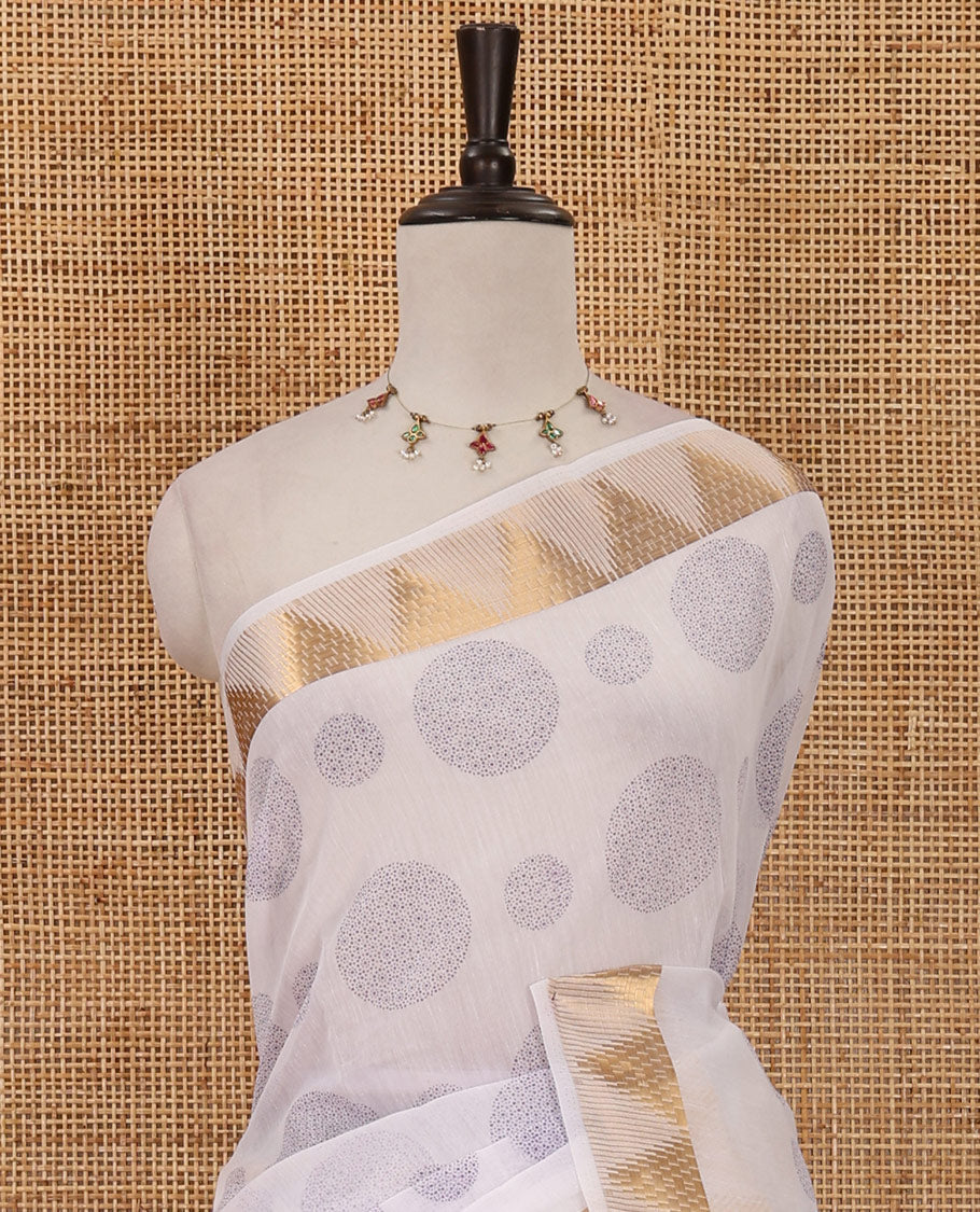 White-violet circular motifs printed mercerised cotton saree, temple zari border, circular motifs printed pallu & matching zari border blouse