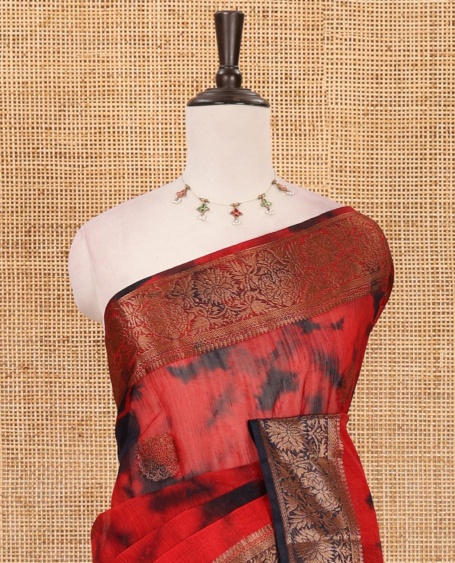 Red all over zari butta with shibori-style printed jute cotton saree, contrast zari border, zari line weaving pallu & contrast blouse