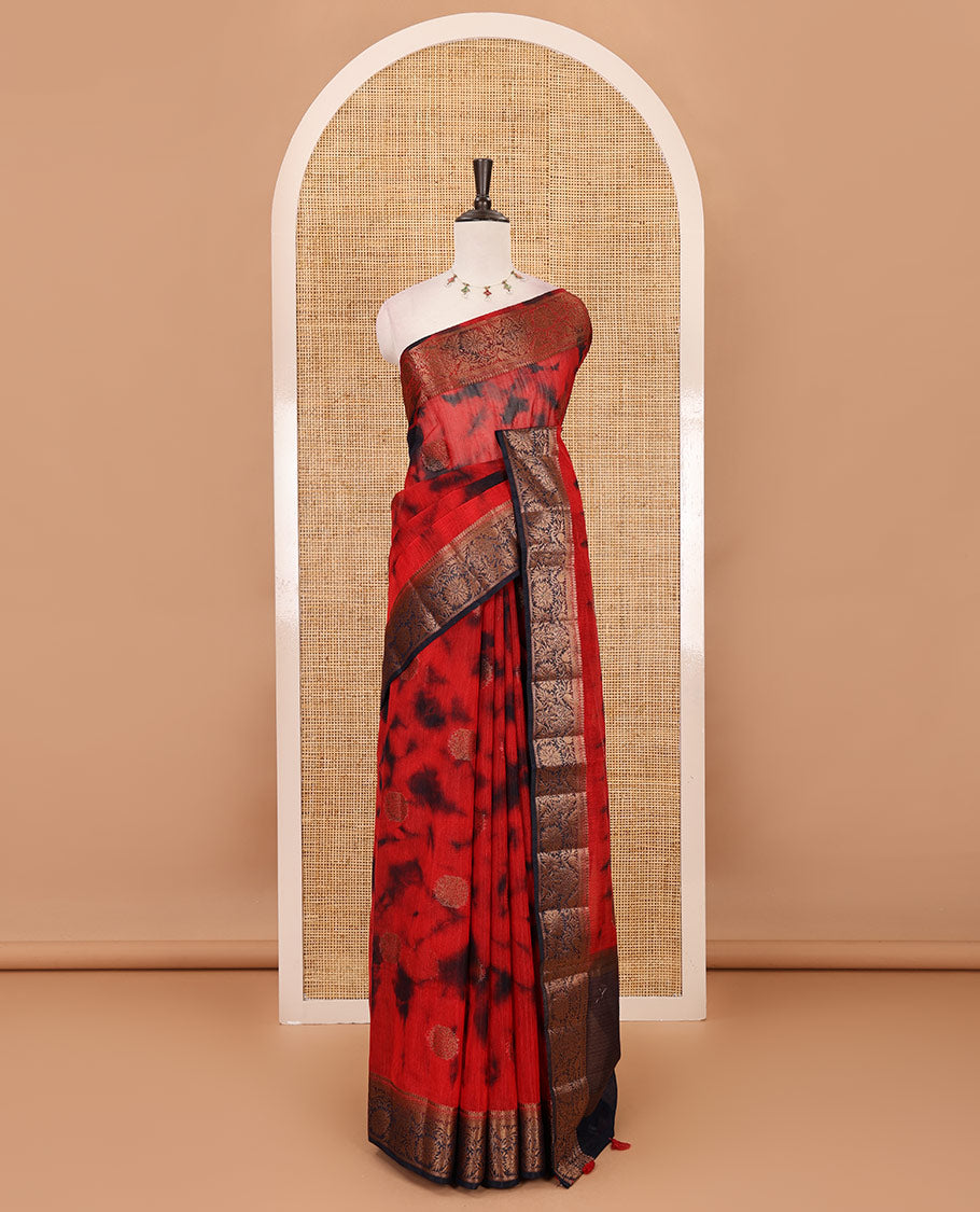 Red all over zari butta with shibori-style printed jute cotton saree, contrast zari border, zari line weaving pallu & contrast blouse