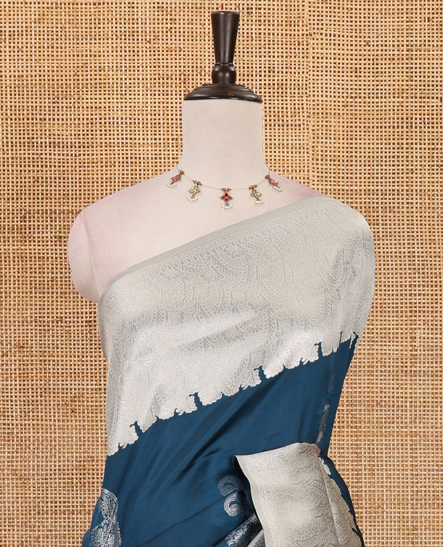 Blue silver zari manga buttas Elite soft silk saree, contrast traditional zari border, intricate zari pallu & contrast zari buttas blouse