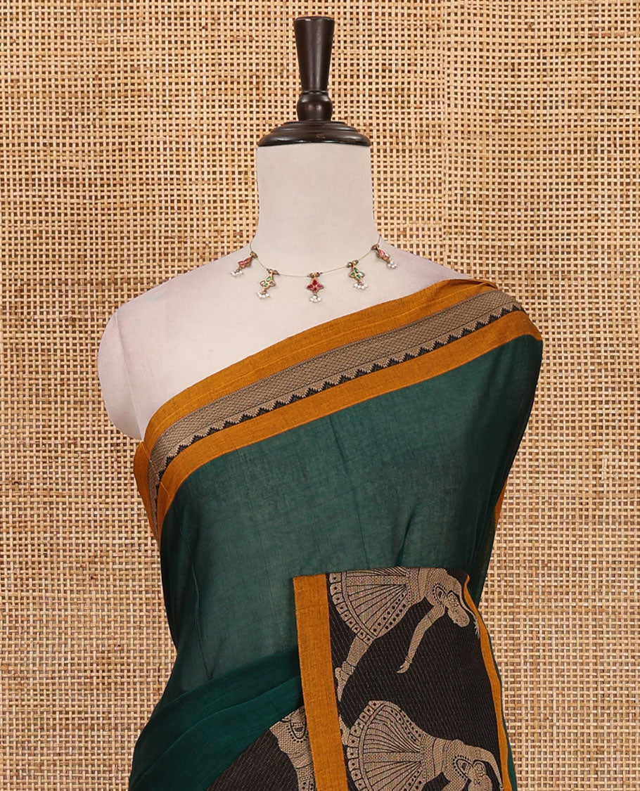 Green full-plain Mercerised cotton saree, contrast resham thread dancing Bharatanatyam girl motifs woven border, striped pallu & plain blouse