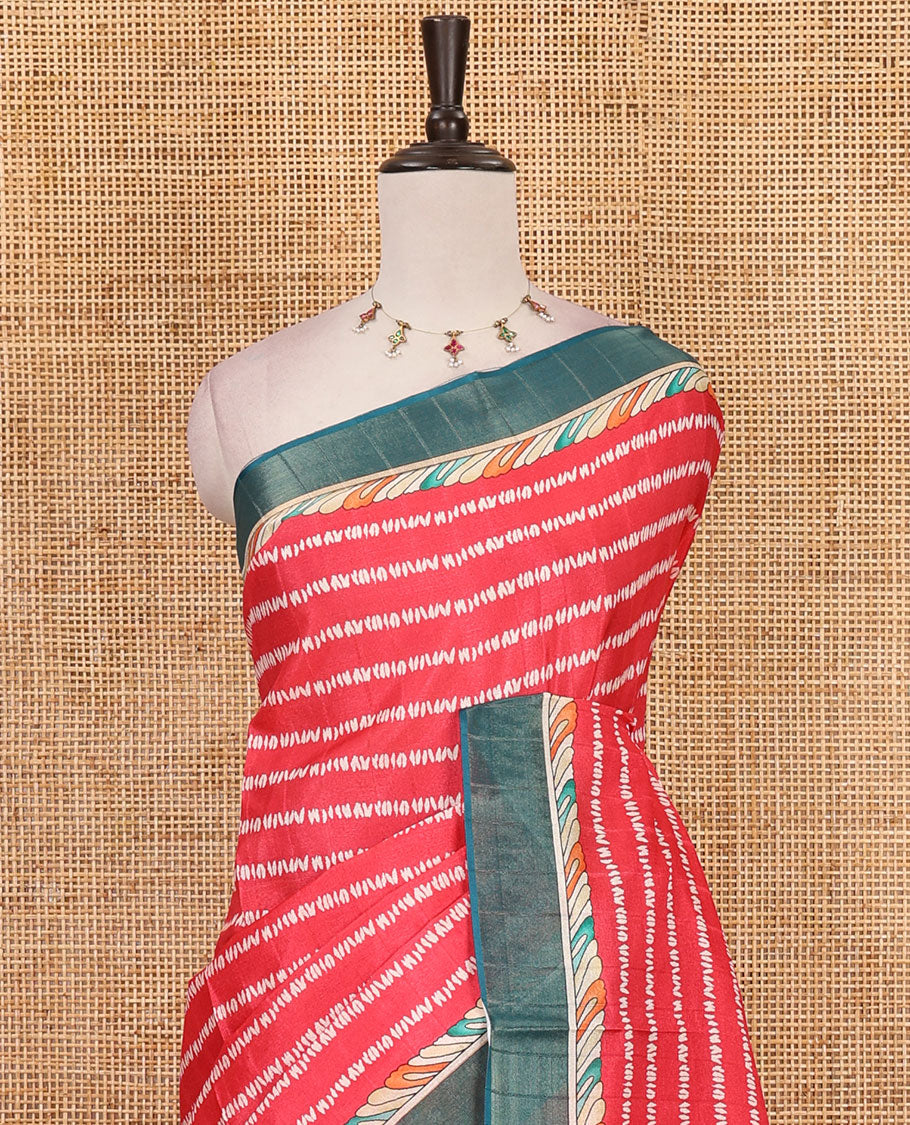 Pink shibori-style printed soft-tussar saree, contrast zari border, kalamkari peacock printed pallu & kalamkari floral vine print contrast blouse