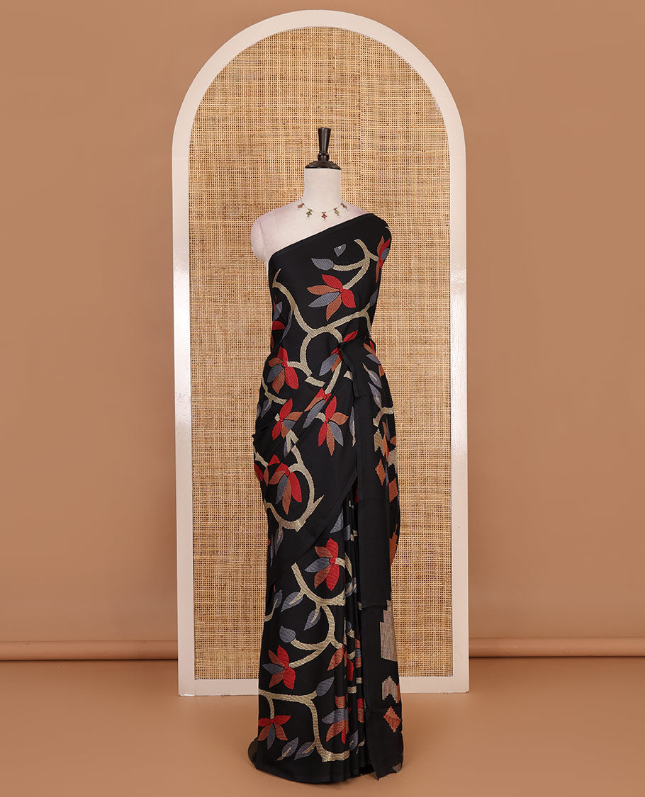 Borderless balck jamdani weaving design gajji silk saree and jamdani design self pallu along with printed blouse