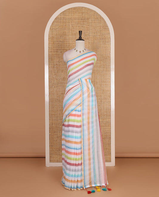 Borderless cream base khadi mul cotton saree features multi-color rainbow stripes, self-pallu, and running blouse