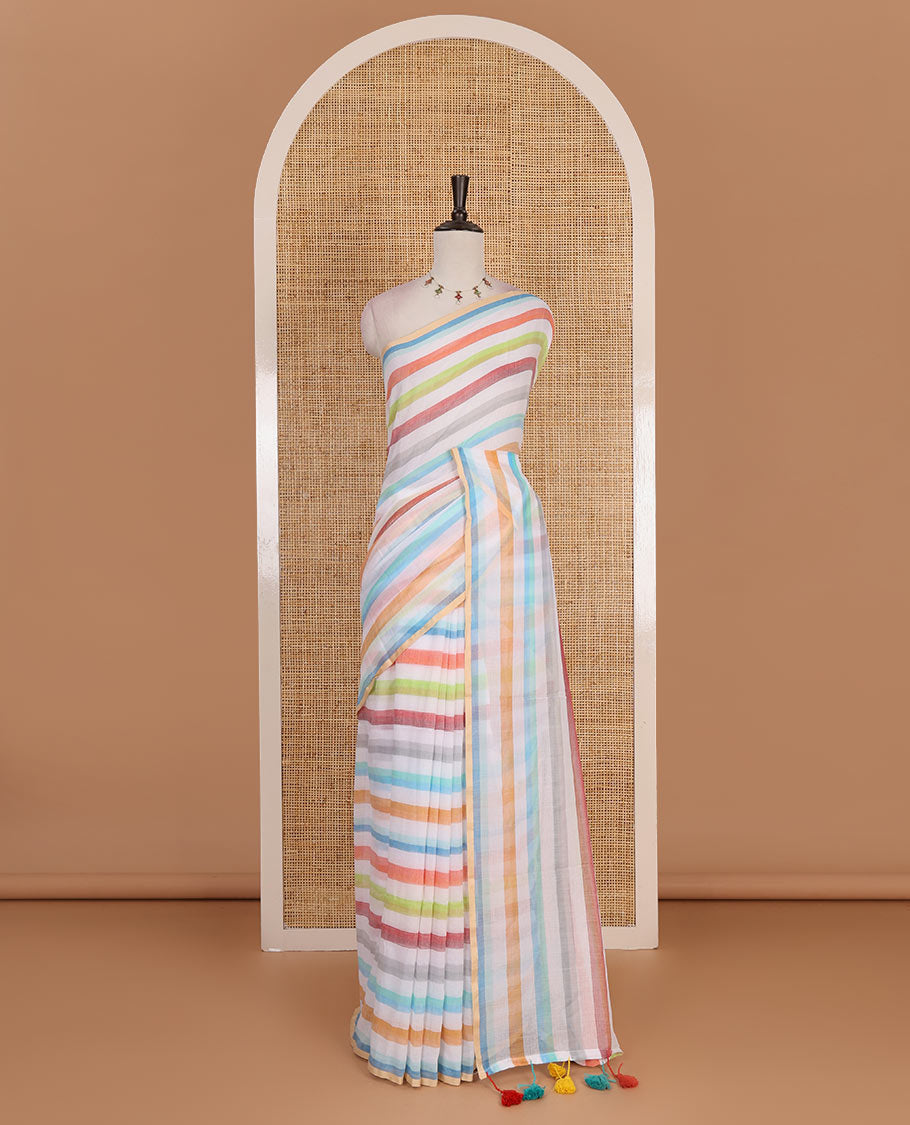Borderless cream base khadi mul cotton saree features multi-color rainbow stripes, self-pallu, and running blouse