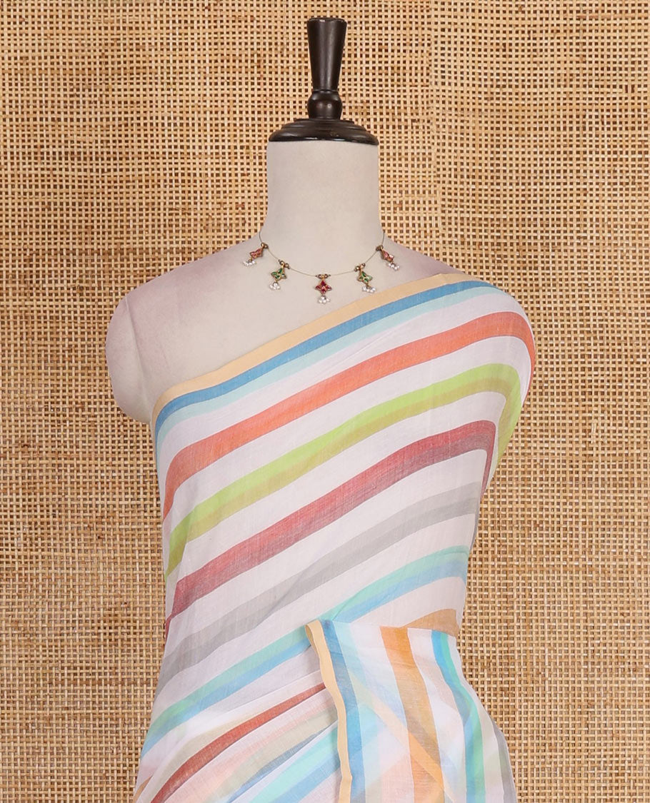 Borderless cream base khadi mul cotton saree features multi-color rainbow stripes, self-pallu, and running blouse