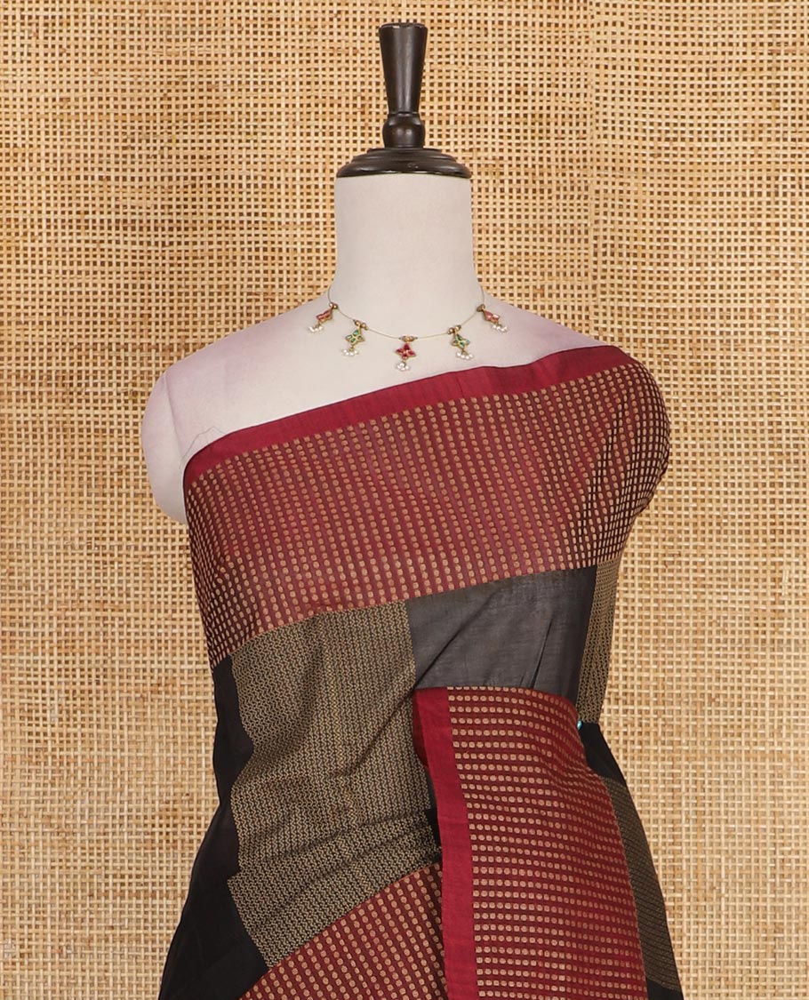 Black thread woven veldhari striped Handloom cotton saree, contrast polka dots thread border, temple pallu, and matching plain blouse