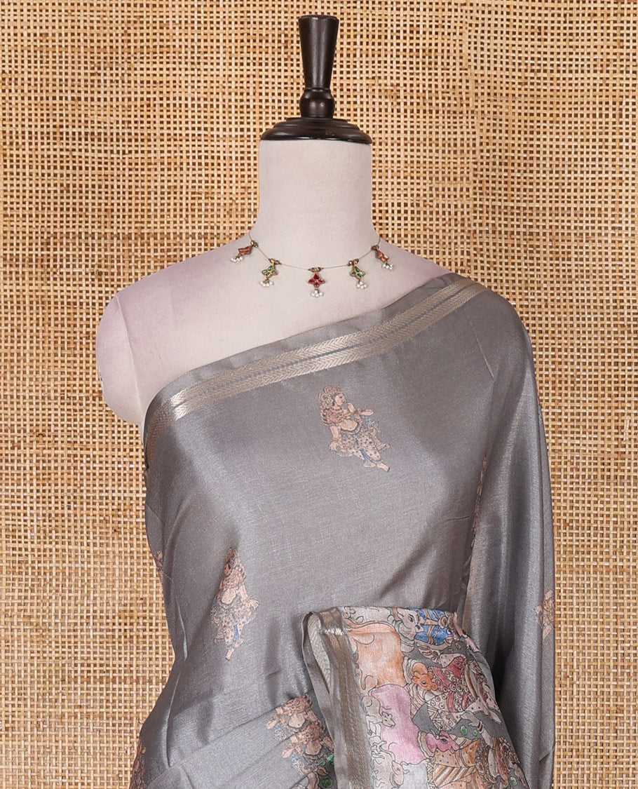 Grey kalamkari style ancient human figurines printed semi tussar saree, printed border, kalamkari printed pallu, and printed blouse