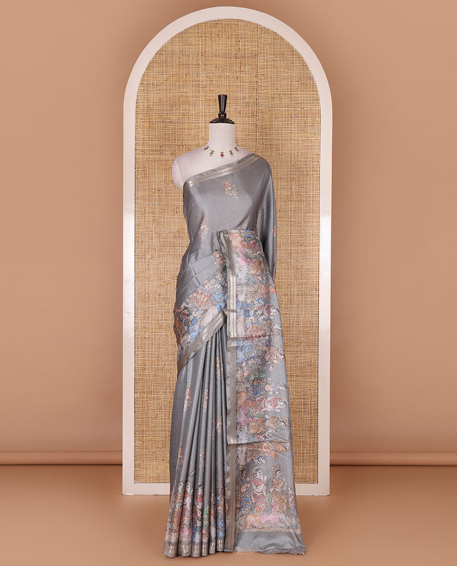 Grey kalamkari style ancient human figurines printed semi tussar saree, printed border, kalamkari printed pallu, and printed blouse