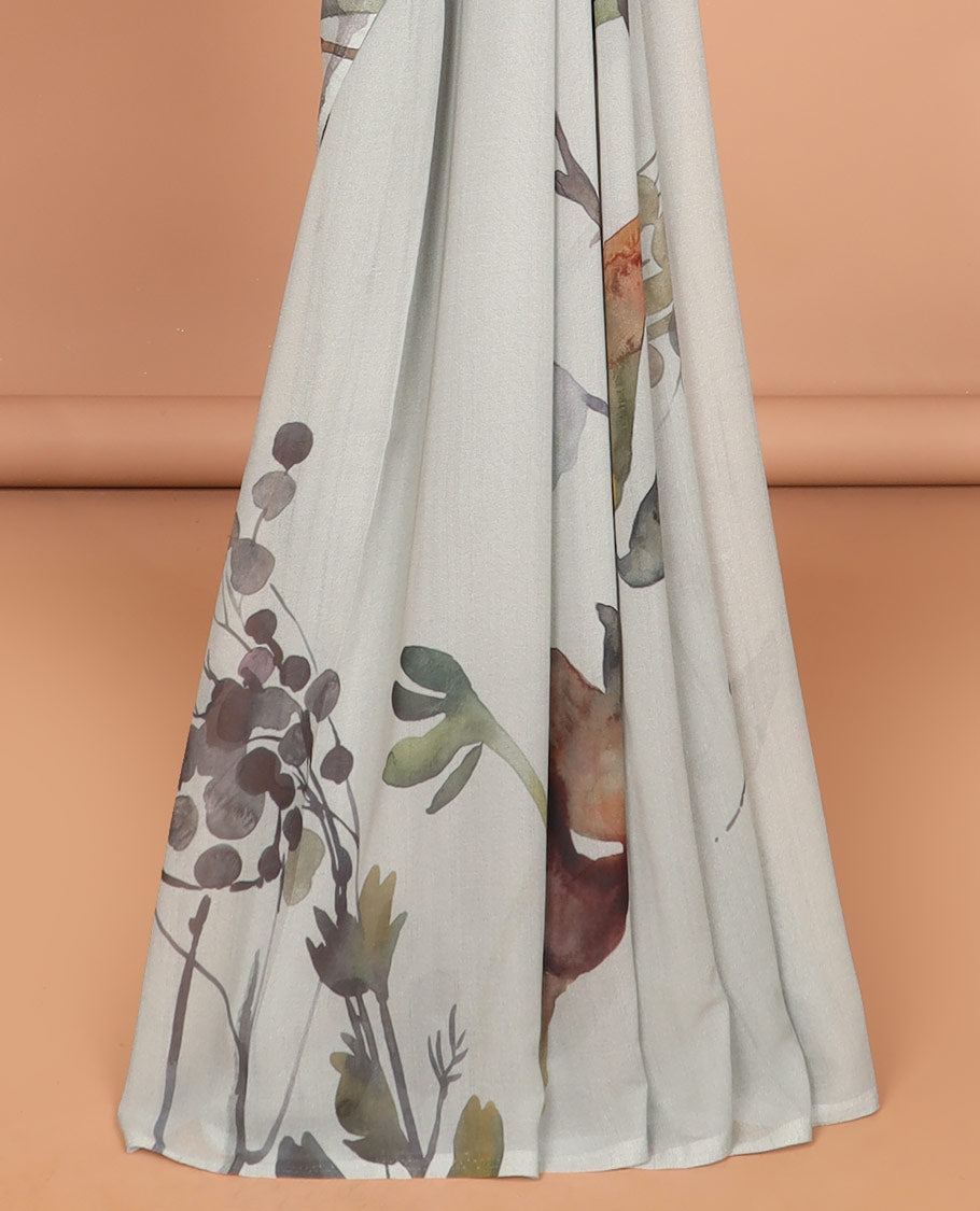 Borderless Pista green abstract designer printed georgette saree with self printed pallu along with plain blouse