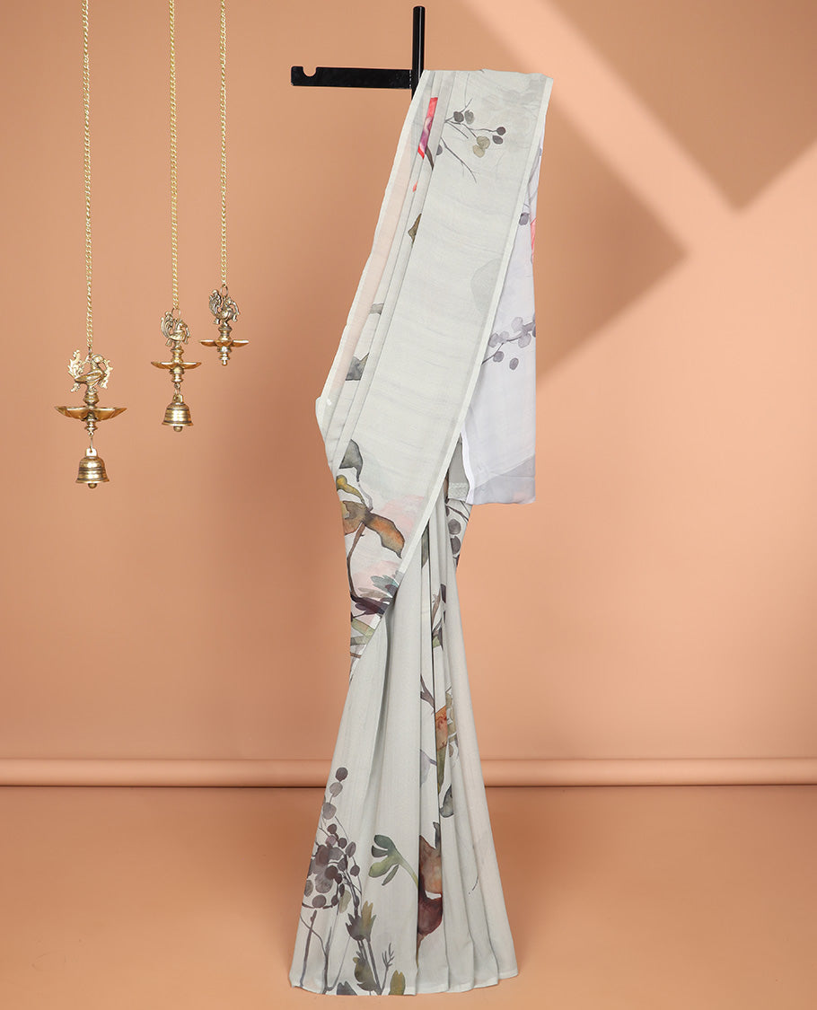 Borderless Pista green abstract designer printed georgette saree with self printed pallu along with plain blouse
