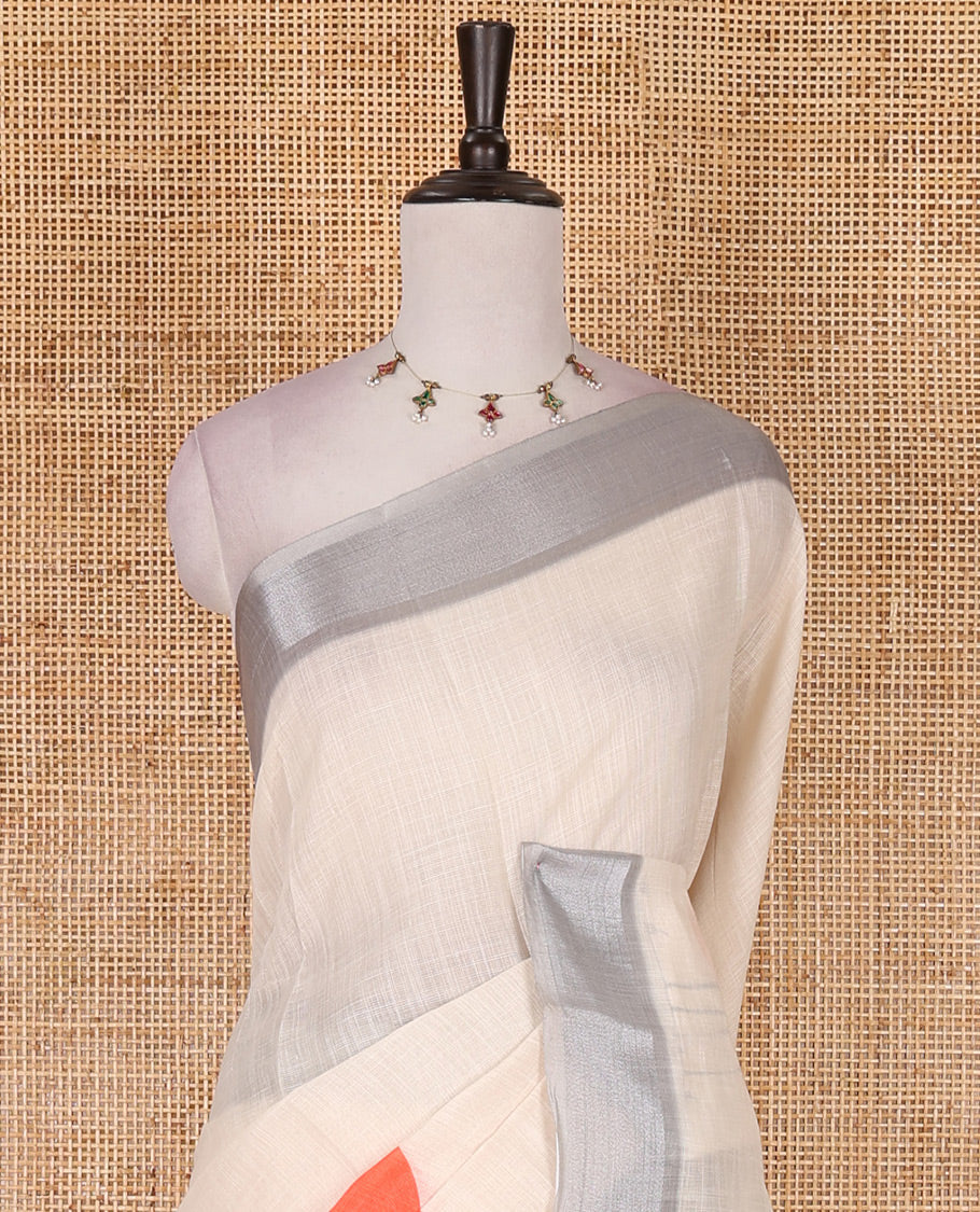 Cream hand painting style crane motifs printed linen cotton saree, silver bavanji border, contrast geometric printed blouse