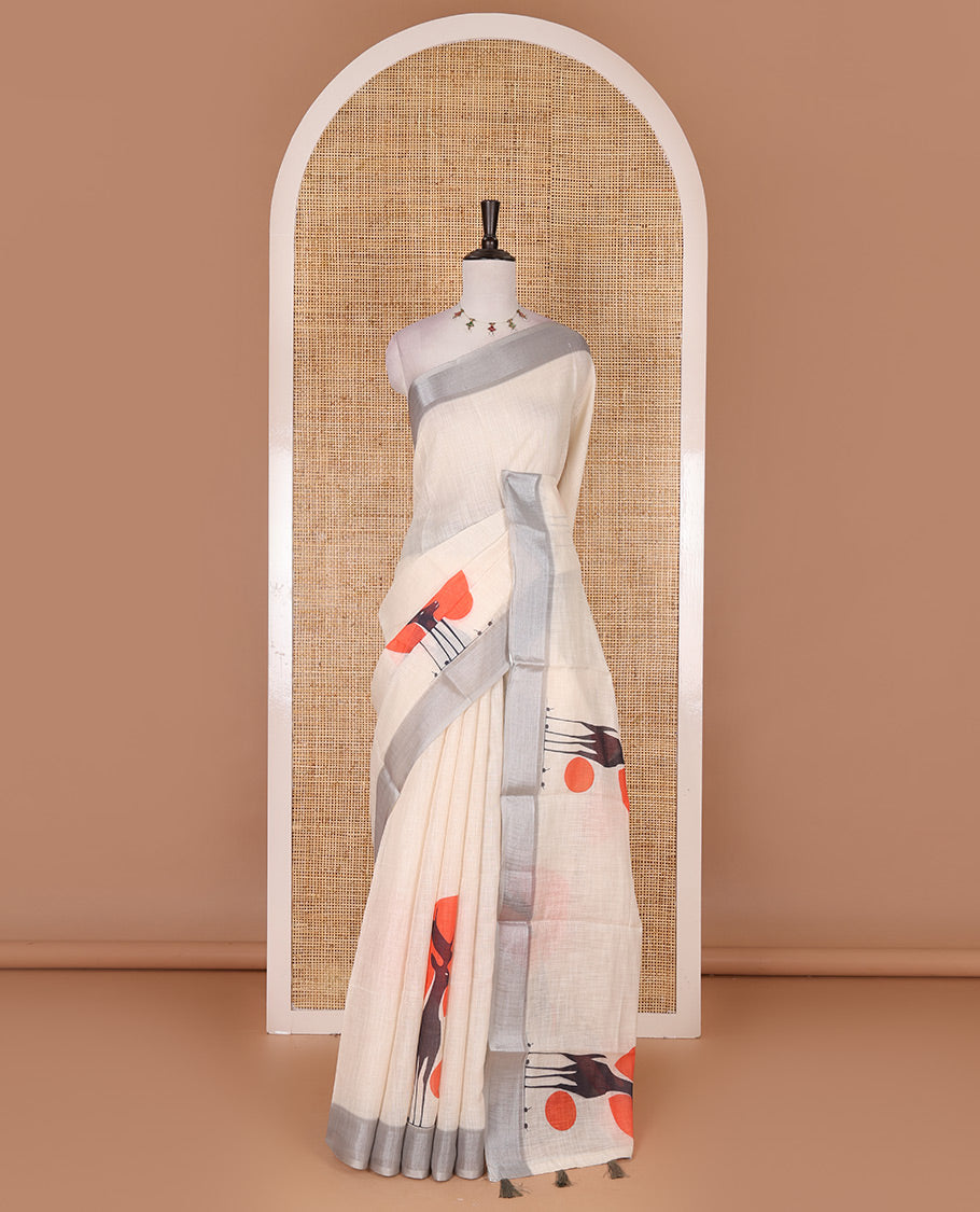 Cream hand painting style crane motifs printed linen cotton saree, silver bavanji border, contrast geometric printed blouse