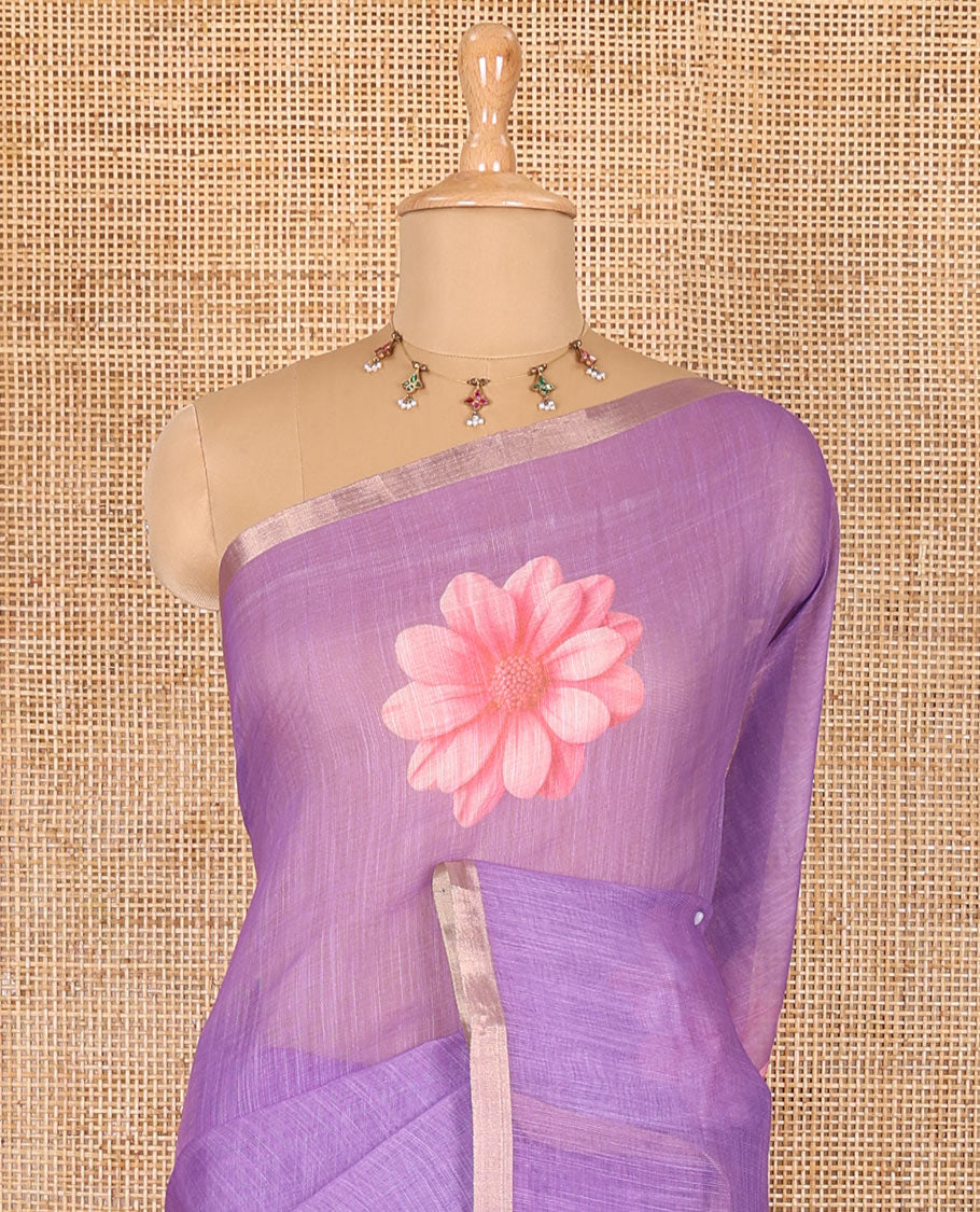 Lavender daisy floral printed linen cotton saree, gold zari piping border, daisy floral printed pallu, and matching floral printed blouse