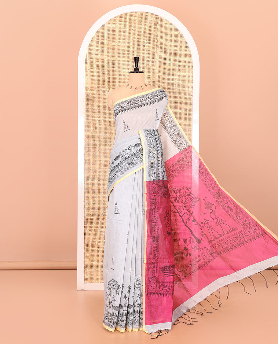 Grey warli-village printed khadi cotton saree, printed border, and contrast warli motifs printed pallu, and contrast plain blouse