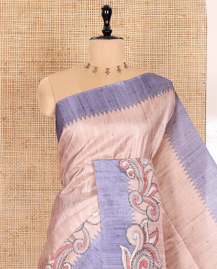 Chikku and Grey Plain Semi-Tussar Saree Accentuated with a Contrast Temple Kalamkari Floral-Printed Border, Featuring a Pallu Adorned with Kalamkari Peacock Print, Paired with a Printed Blouse