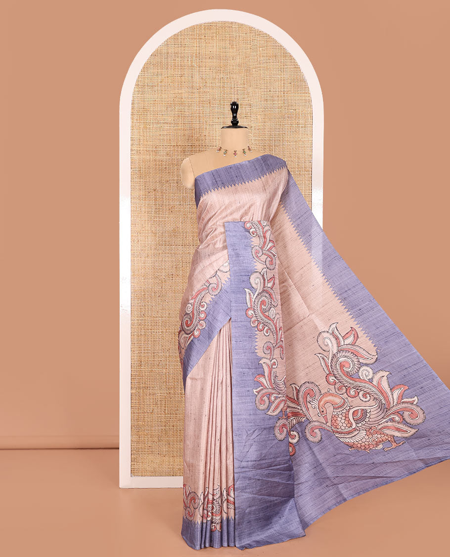 Chikku and Grey Plain Semi-Tussar Saree Accentuated with a Contrast Temple Kalamkari Floral-Printed Border, Featuring a Pallu Adorned with Kalamkari Peacock Print, Paired with a Printed Blouse