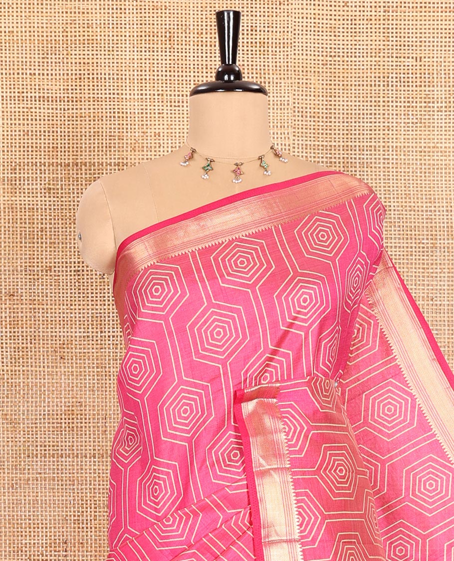 Pink Semi-Tussar Saree Subtly Sparked with Hexagonal Geometric Patterns Printed All Over Its Body, Featuring Traditional Zari Design Border, Gleaming Zari Striped Pallu, and a Matching Blouse