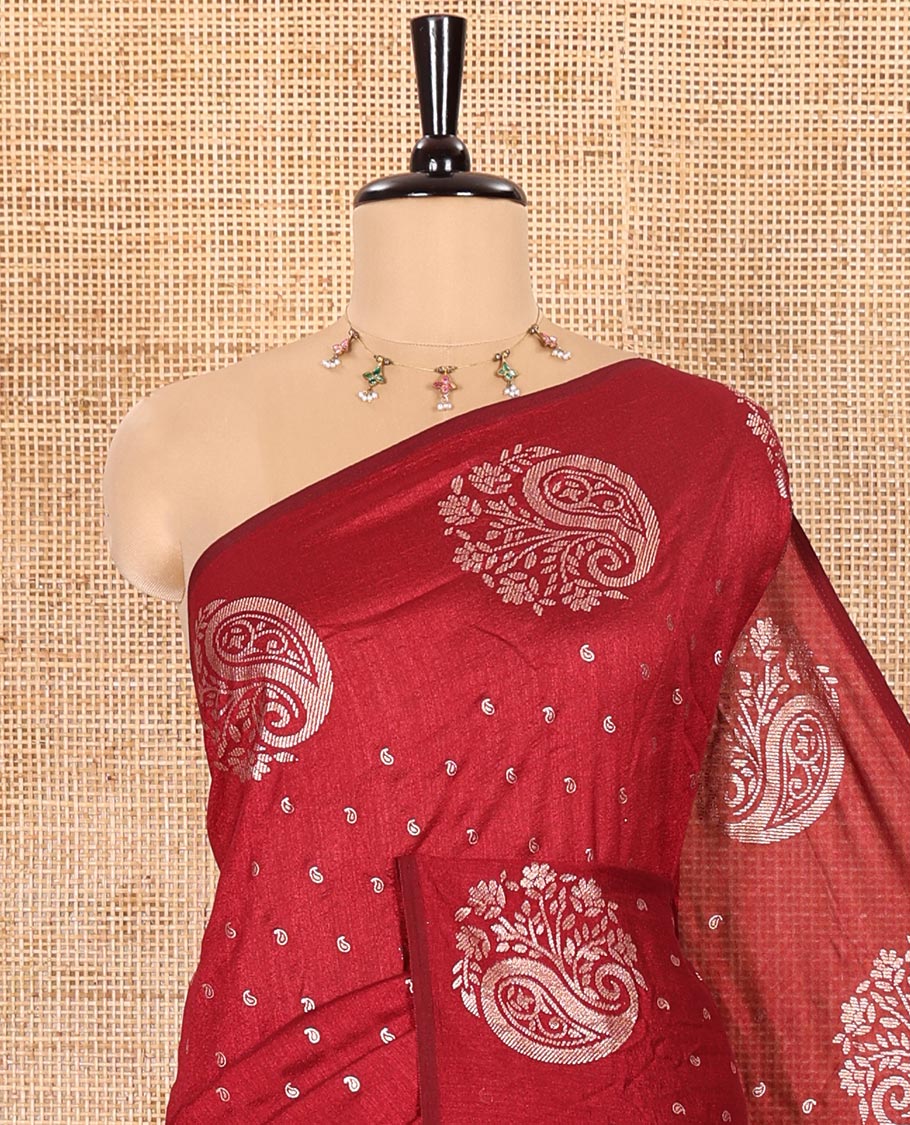 Maroon Vichitra Silk Saree Elevated with Small Paisley Buttas All Over Its Body, Complemented by a Contrast Border of Floral-Paisley Designs, Self Pallu, and Comes Without a Blouse