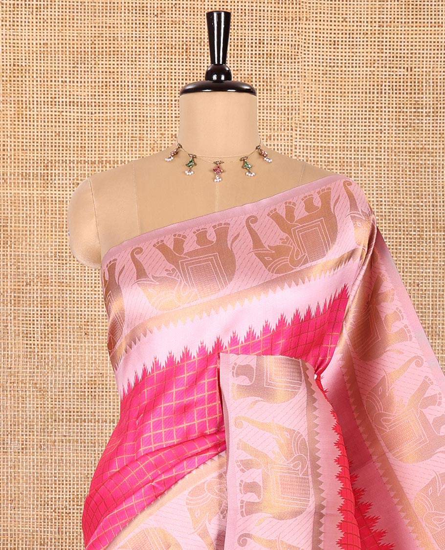 Rani Pink Kanchi Silk Saree, Detailed with Zari Checks All Over Its Body, Complemented by Contrast Traditional Zari Temple Border of Elephant Motifs, a Gracefully Woven Pallu of Geometric Patterns, and Paired with a Contrast Brocade Blouse