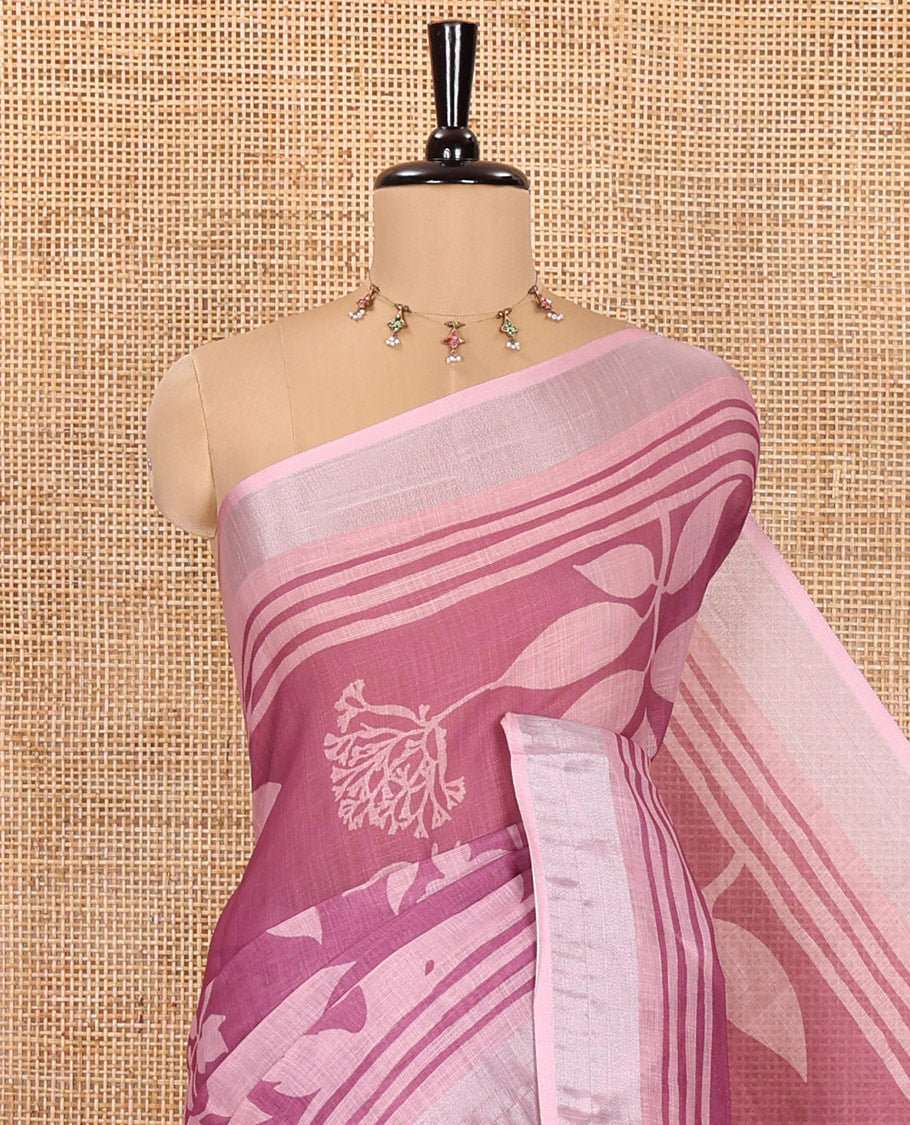 Pink Linen Cotton Saree, Beautified with Floral Leaf Motifs Printed on Its Body, Subtle Bavanji Border, Pallu Features Floral Print and Stripes, and Paired with a Matching Blouse