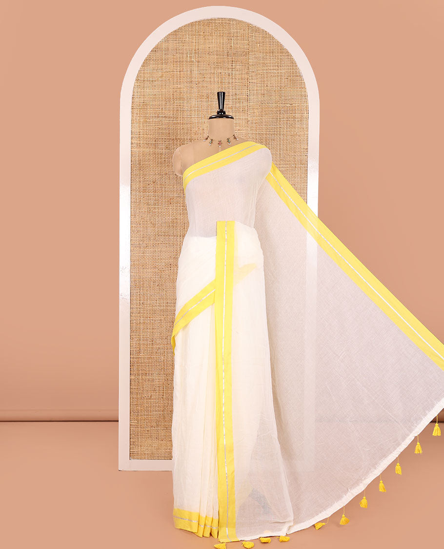 Cream and Yellow Plain Khadi Mul Cotton Saree, Complemented by Contrast Horizontal Striped Border, Plain Pallu, and Paired with a Matching Blouse