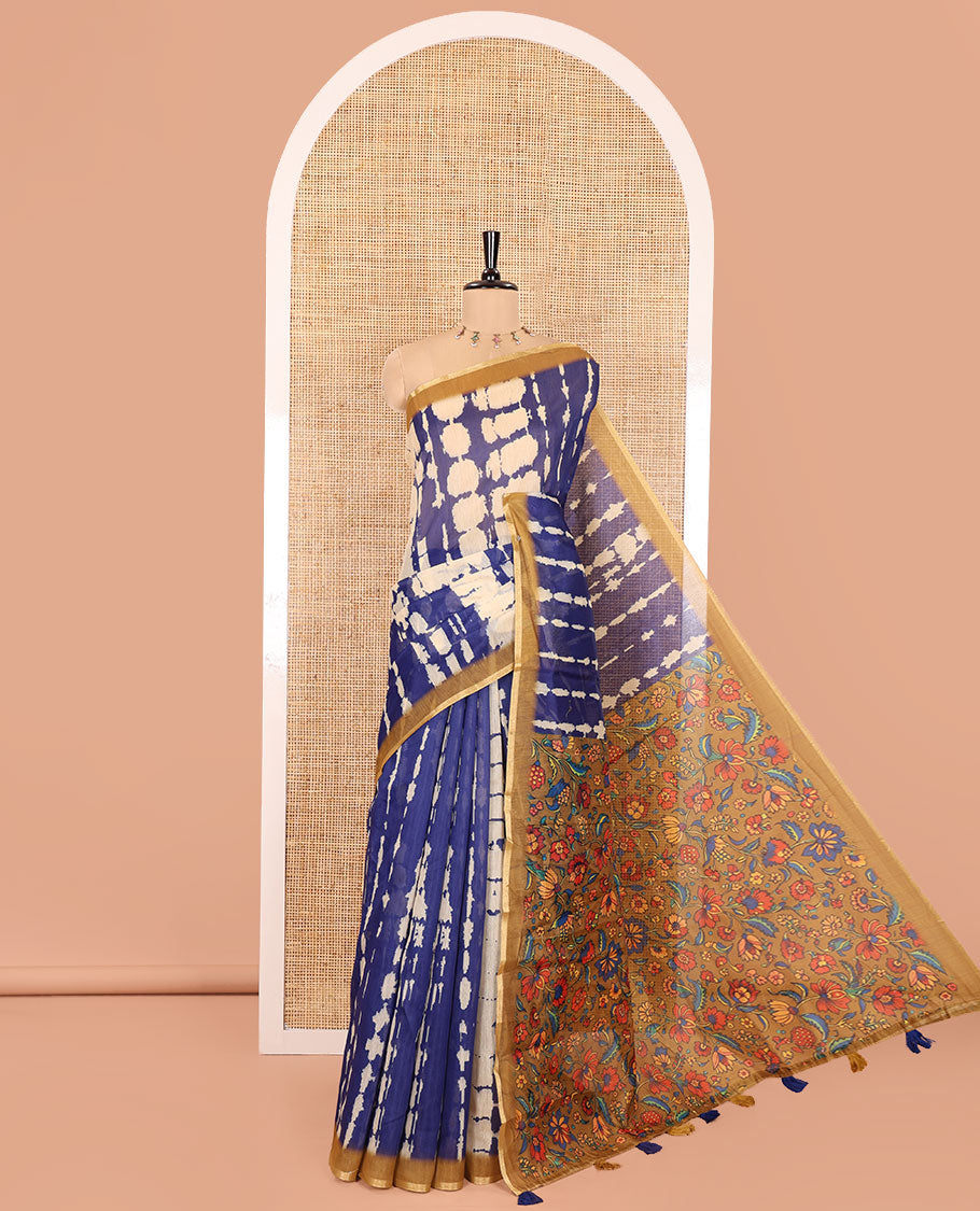 Navy Blue Mercerised Cotton Saree, Embellished with Shibori Printed on Its Body, Complemented by a Contrast Border, Pallu Steeped with Colorful Floral Print, and Paired with a Contrast Printed Blouse