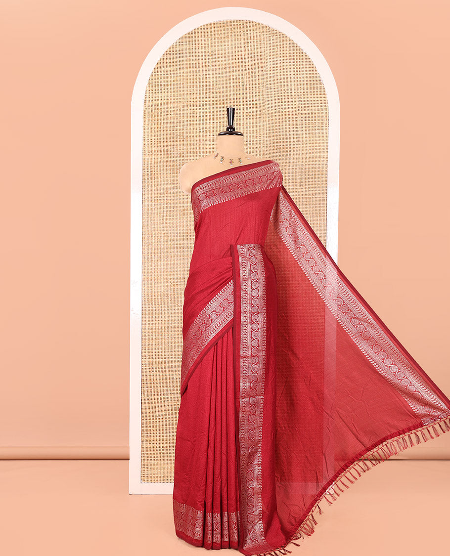 Red Plain Vichitra Silk Saree, Subtle Traditional Motifs Woven Border, Plain Pallu, and Paired with a Matching Blouse