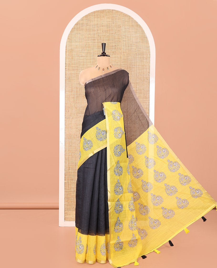 Black Plain Linen Cotton Saree, Complemented by Captivating Contrast Floral Motifs Printed Border, Printed Pallu, and Paired with a Printed Blouse
