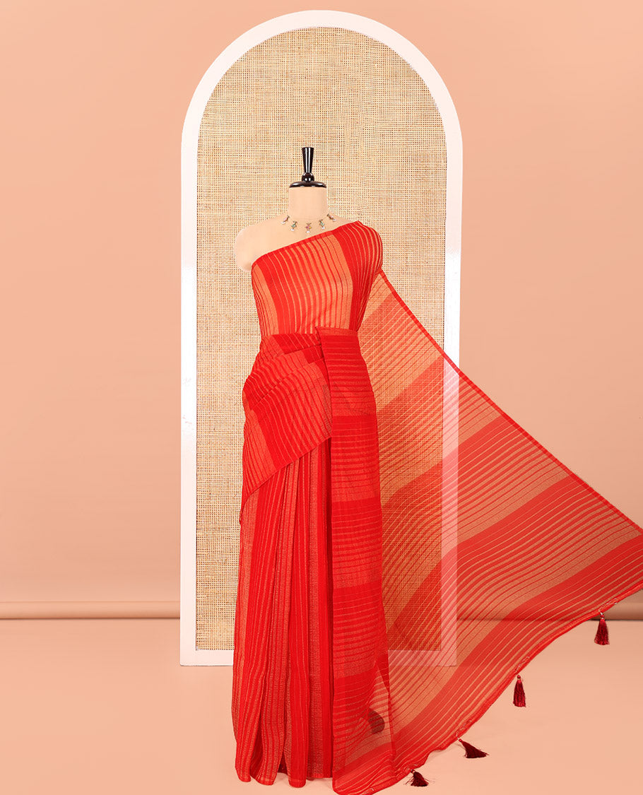 Borderless Red Lightweight Chiffon Saree, Subtly Printed with Stripes on Its Body, Self-Pallu of Stripes, and Paired with a Matching Blouse
