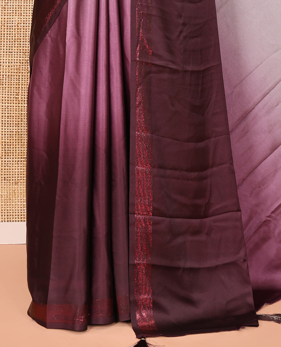Brown Ombre Plain Satin Crepe Saree, Subtle Zari Border, Plain Pallu, and Comes without a Blouse