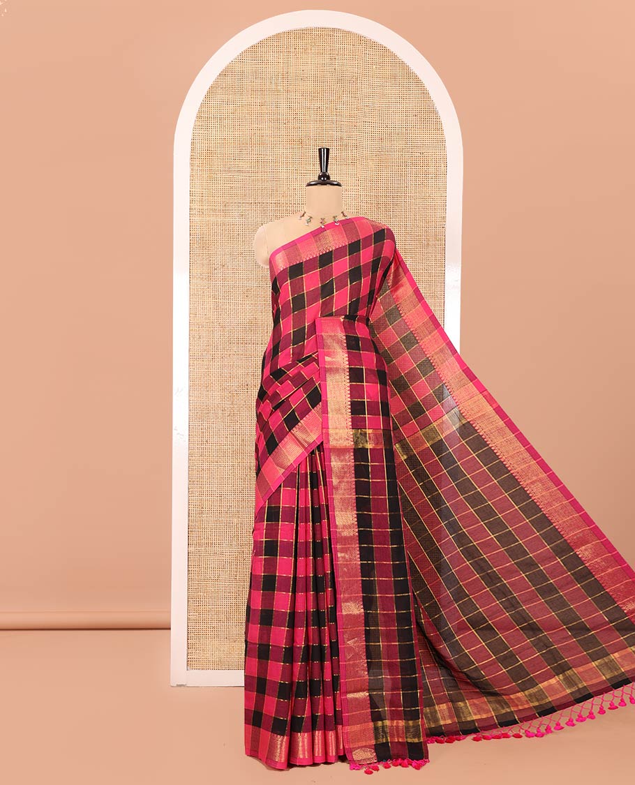 Pink Checked Khadi Mul Cotton Saree, Highlighted by Zari Traditional Border, Zari Checked Pallu, and Paired with a Matching Blouse
