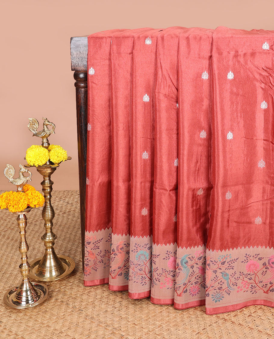 Rust pathick style design dola silk saree with parrot design border & pathick style pallu along with contrast blouse